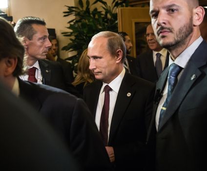 MILAN, ITALY - Oct 17, 2014: Russian President Vladimir Putin during a meeting on the ASEM summit of European and Asian leaders in Milan