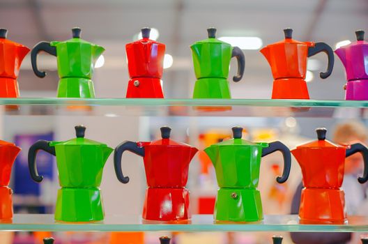 View of many colorful Moka, Italian coffee maker