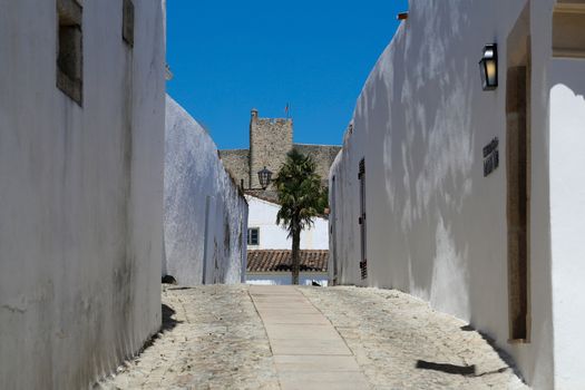 The narrow streets, white houses and medieval castle of Marvao in Portugal