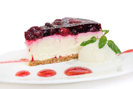 cherry cheesecake with ice cream ball isolated on white background