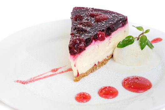 cherry cheesecake with ice cream ball isolated on white background
