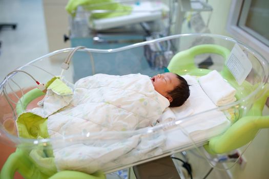 Newborn infant sleeping in hospital bassinet