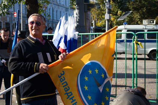 Moscow, Russia - September 21, 2014. Russian politician Konstantin Borovoi Peace March in Moscow against war with Ukraine