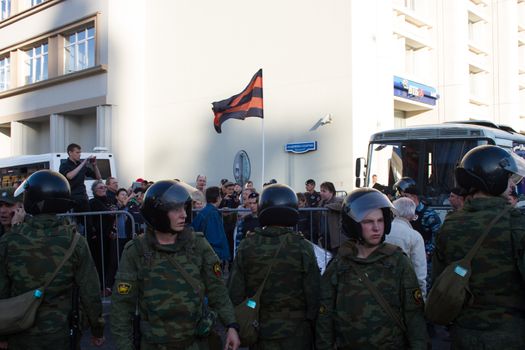 Moscow, Russia - September 21, 2014. Flags provocateurs opponents of the peace March Peace March against war with Ukraine