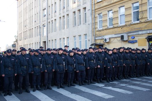 Moscow, Russia - September 21, 2014. The police March for peace Peace March against war with Ukraine