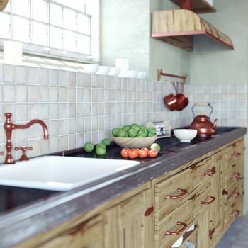 close-up vintage kitchen interior (DOF essect. 3d concept)