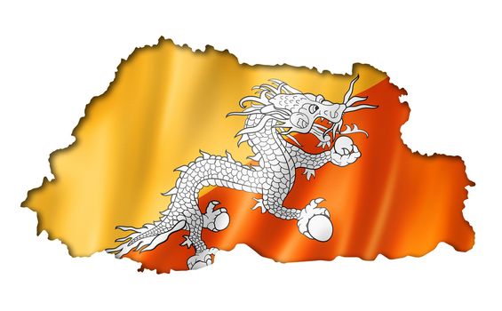 Bhutan flag map, three dimensional render, isolated on white