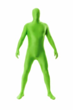 A handsome man in a green body suit isolated on a white background