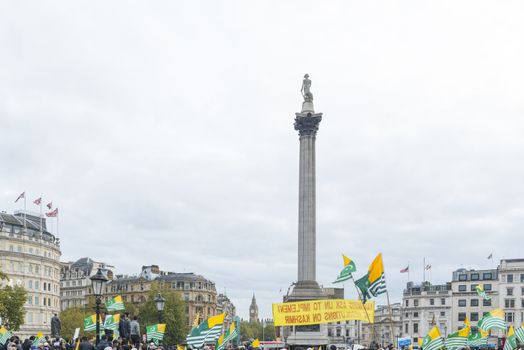 LONDON, UK - OCTOBER 26: Protesters wave Kashmiri flags in Trafalgar Square. The protest, named the Million March, denounced the human rights violation by India in Kashmir. October 26, 2014 in London.