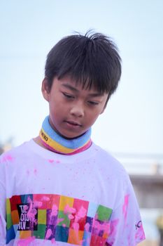 Ventura, CA - OCTOBER 18 : Participants coming through the pink color station at The Color Run 2014 in Ventura. OCTOBER 18, 2014 in Ventura, CA.