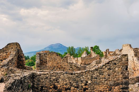 View of Mount Vesuvius through the ruins of Pompeii, Italy