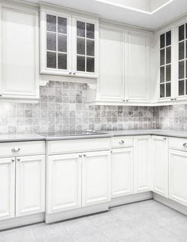 Contemporary kitchen with white cabinets and tiled walls.