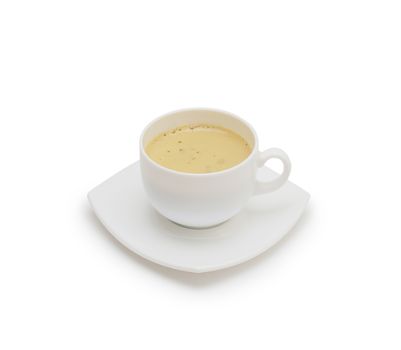 Coffee cup and saucer on a white background.