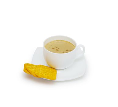 Coffee cup and saucer on a white background.