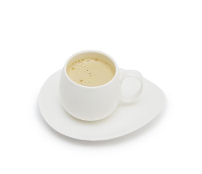 Coffee cup and saucer on a white background.