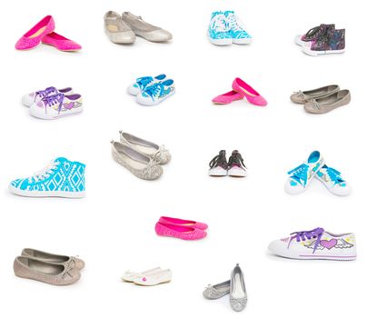 Female footwear collection on white background