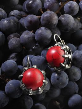 red silver earring on the fresh ripe grapes
