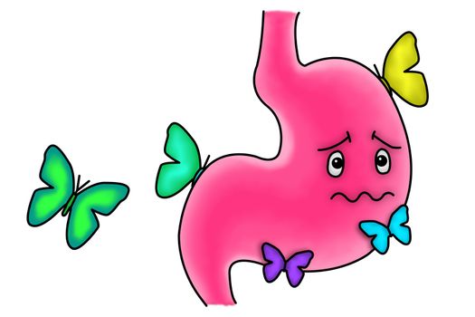 An illustration of butterflies in the stomach. A conceptual illustration about feelings of anxiety or nervousness.