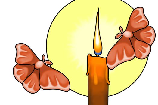 An illustration of moths flying towards a burning candle. A conceptual illustration about greed and misfortune.  