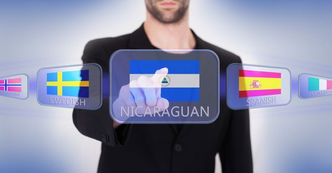 Hand pushing on a touch screen interface, choosing language or country, Nicaragua