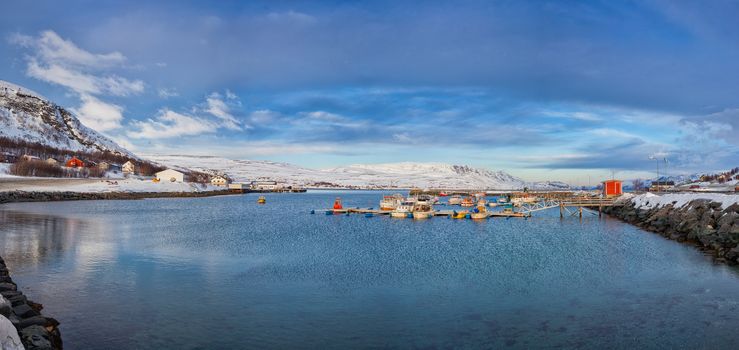 Winter in Norway - mountains, fjord, ships. Panorama