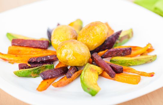 Plate ful of vegetable cooked with potato, beetroot, avocado and carrot chips