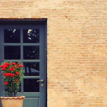 Front door of vintage house with flower pot, retro filter effect