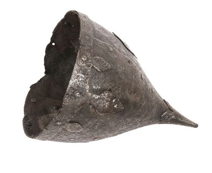 Iron helmet of the medieval knight. Very heavy headdress.