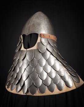 Iron helmet of the medieval knight. Very heavy headdress