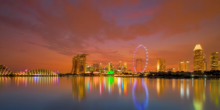 Panorama view of Singapore city skyline at sunset