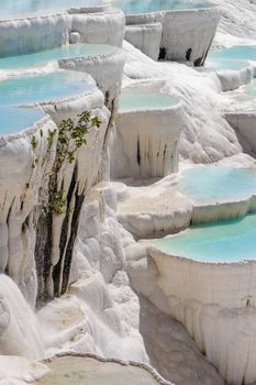 Blue water travertine pools and terraces in Pamukkale, Turkey