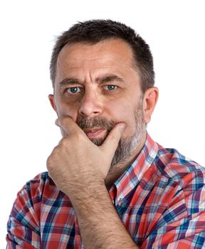 Thoughtful man. Portrait of an middle age man with face closed by hand. Isolated on white