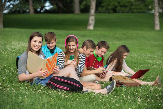 Happy group of male and female teens studying 