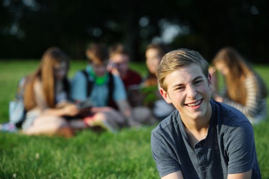 Laughing male teenager near group sitting on grass