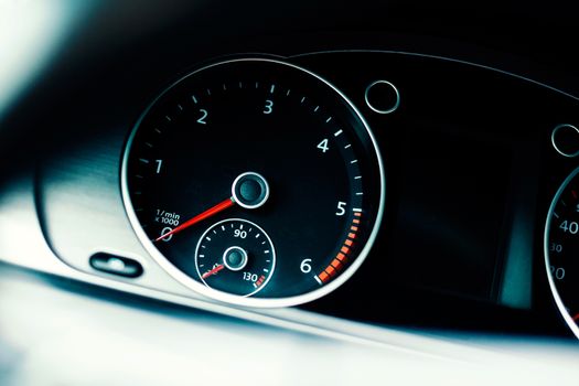 Detail of a tachometer in a car. Tachometer in a modern diesel car.