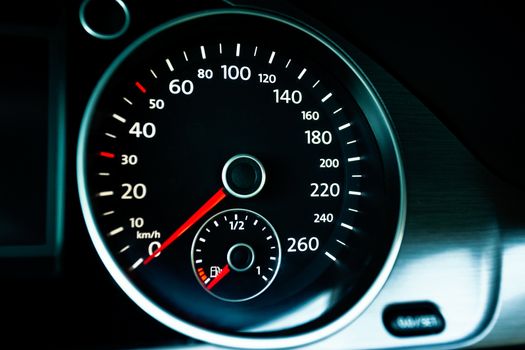 Modern car speedometer. Close up shot of the dashboard a car.