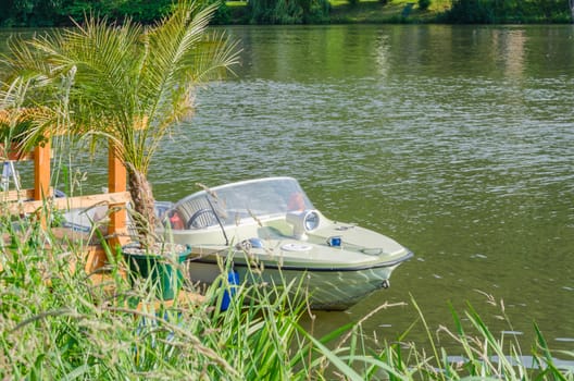 Small motor boat at the dock moored on a palm tree is fixed.