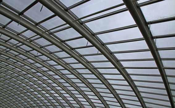 the internal struts and glass of a giant, curved glass roof
