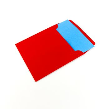 red envelope with blue note on a white background