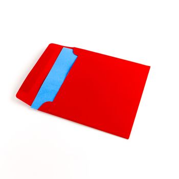 red envelope with blue note on a white background