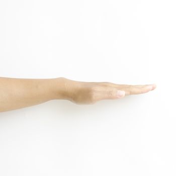 asia woman  hands hold sign on a white background