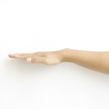 asia woman  hands hold sign on a white background