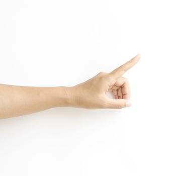asia woman Hand touching virtual screen on a white background