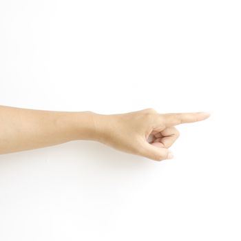 asia woman Hand touching virtual screen on a white background