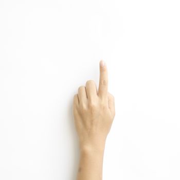 asia woman Hand touching virtual screen on a white background