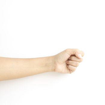 asia woman strength hand sign on a white background