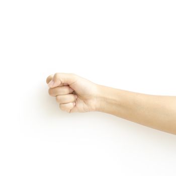 asia woman strength hand sign on a white background