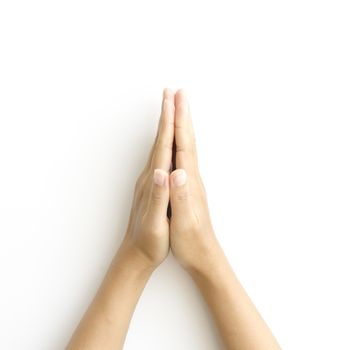 asia woman  hands hold sign on a white background