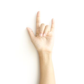 asia woman hand sign I love you symbol on a white background