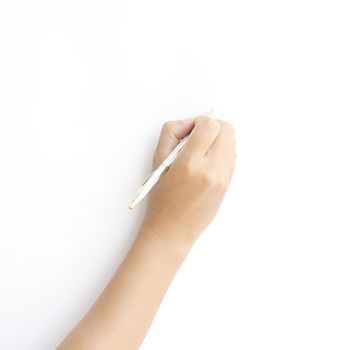 asia woman right hand writing on a white background